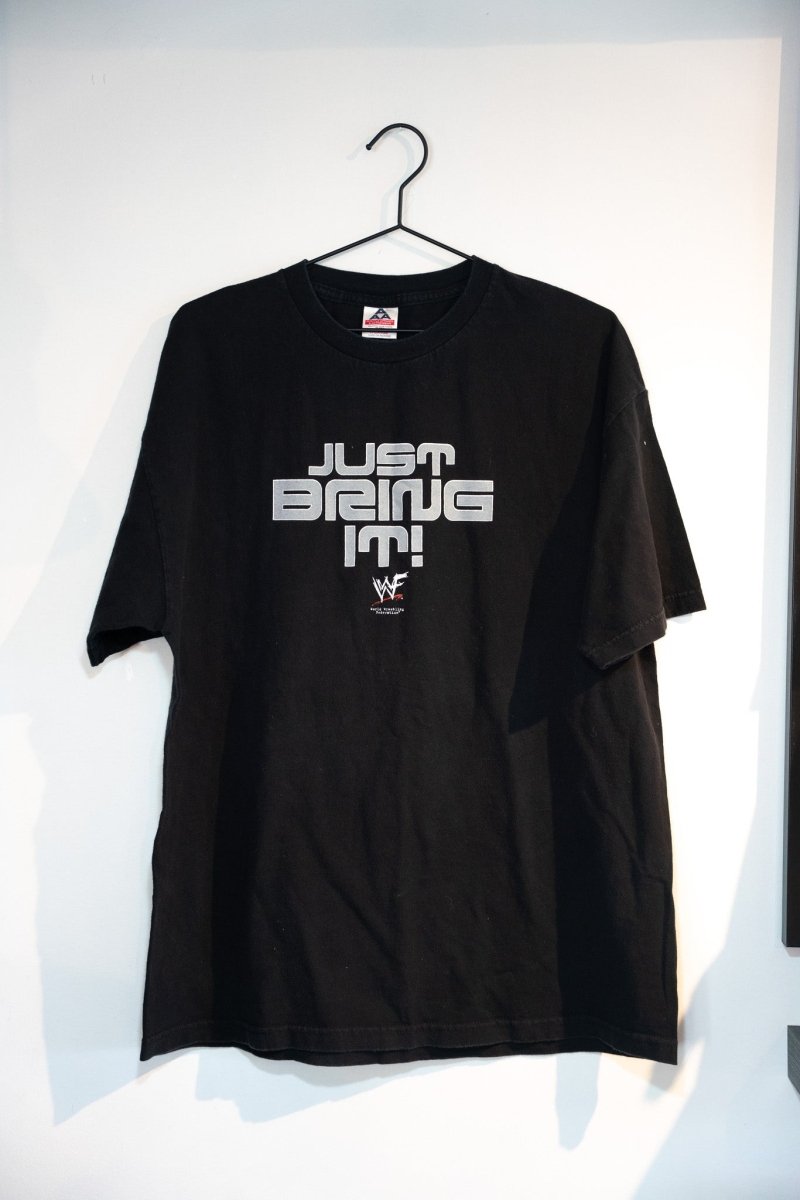 Black 2000 WWF The Rock Just Bring It tee with silver gray metallic JUST BRING IT block lettering WWF scratch logo size XL