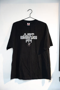 Black 2000 WWF The Rock Just Bring It tee with silver gray metallic JUST BRING IT block lettering WWF scratch logo size XL