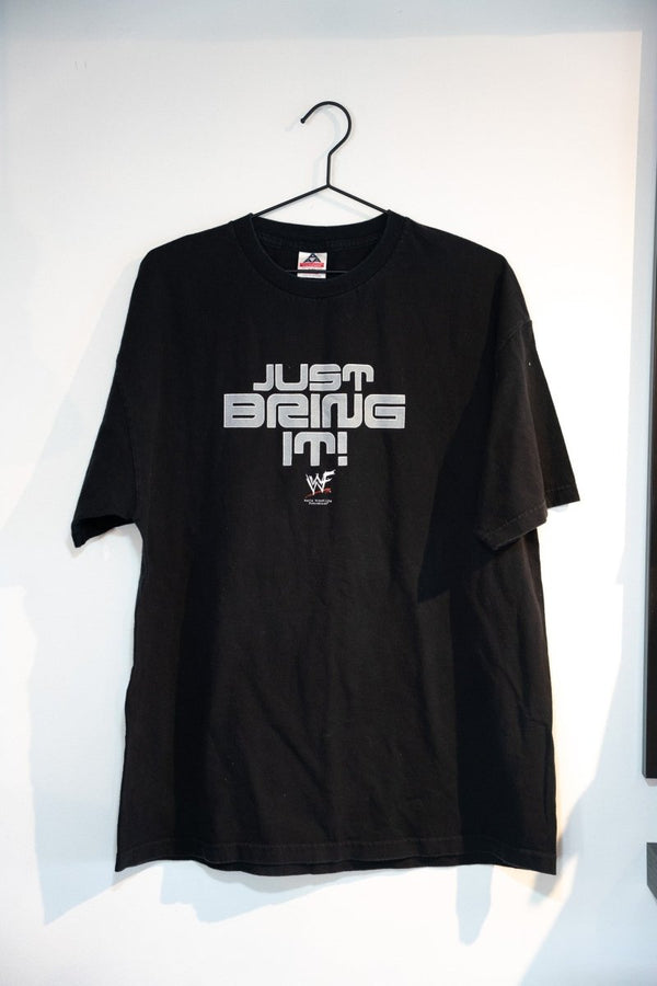 Black 2000 WWF The Rock Just Bring It tee with silver gray metallic JUST BRING IT block lettering WWF scratch logo size XL