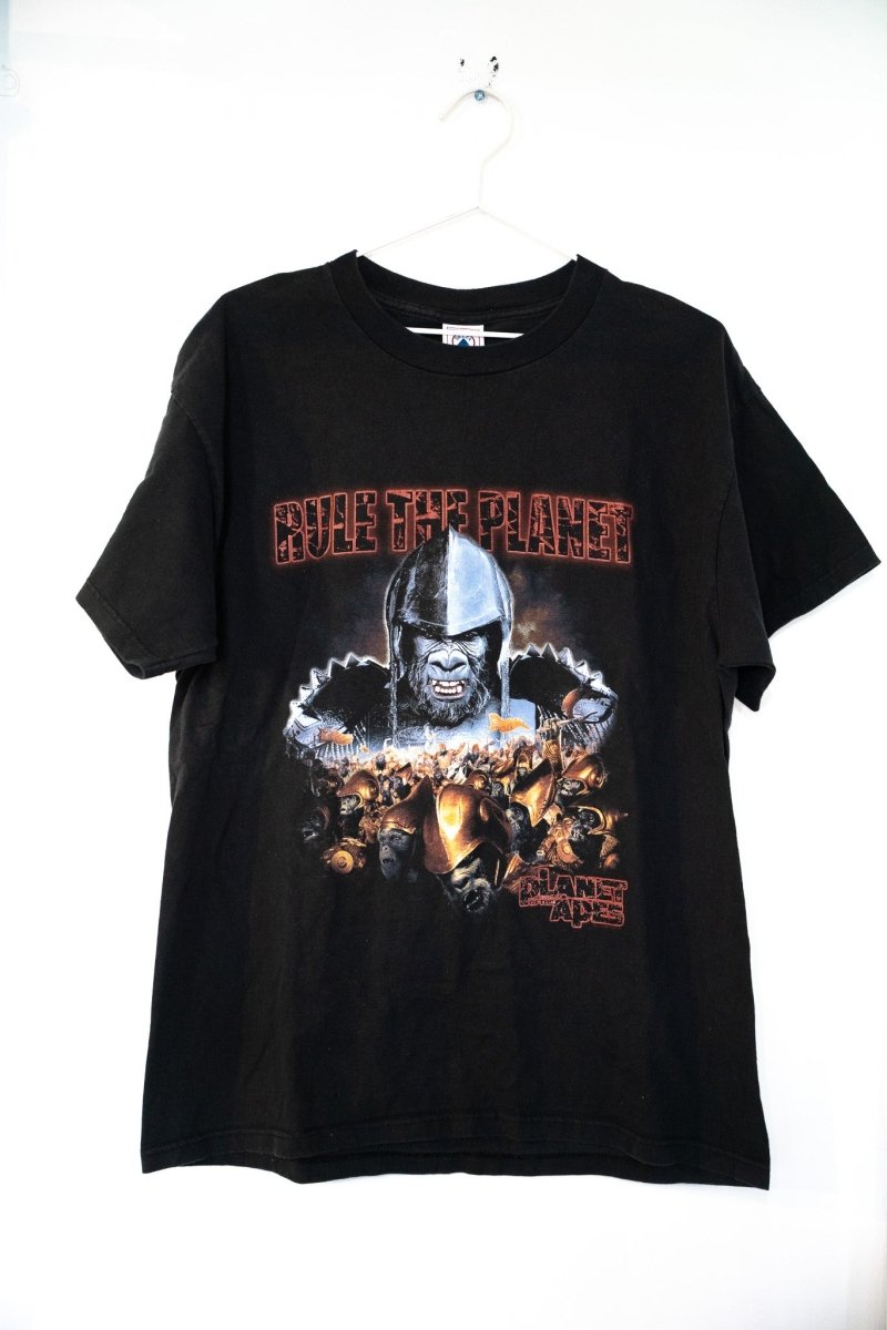 Black 2001 Planet of the Apes Rule the Planet movie promo t-shirt with armored ape general leading army and red title text size Large