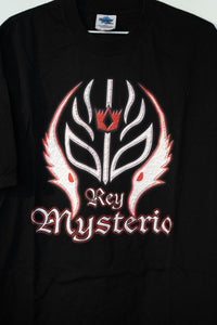WWE Rey Mysterio mask print t-shirt in XXL from 2002, featuring blue and silver wrestling mask design on dark fabric