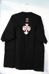 WWE Rey Mysterio mask print t-shirt in XXL size from 2002, featuring purple and silver wrestling mask design on dark fabric