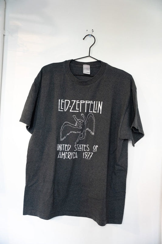 Charcoal gray 2003 Led Zeppelin 1977 United States of America tour shirt with white Icarus Swan Song angel graphic