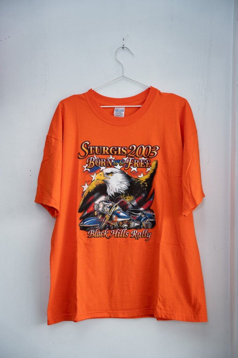 Orange 2003 Sturgis Black Hills Rally tee gold STURGIS 2003 text BORN to be FREE eagle American flag motorcycle Black Hills Rally
