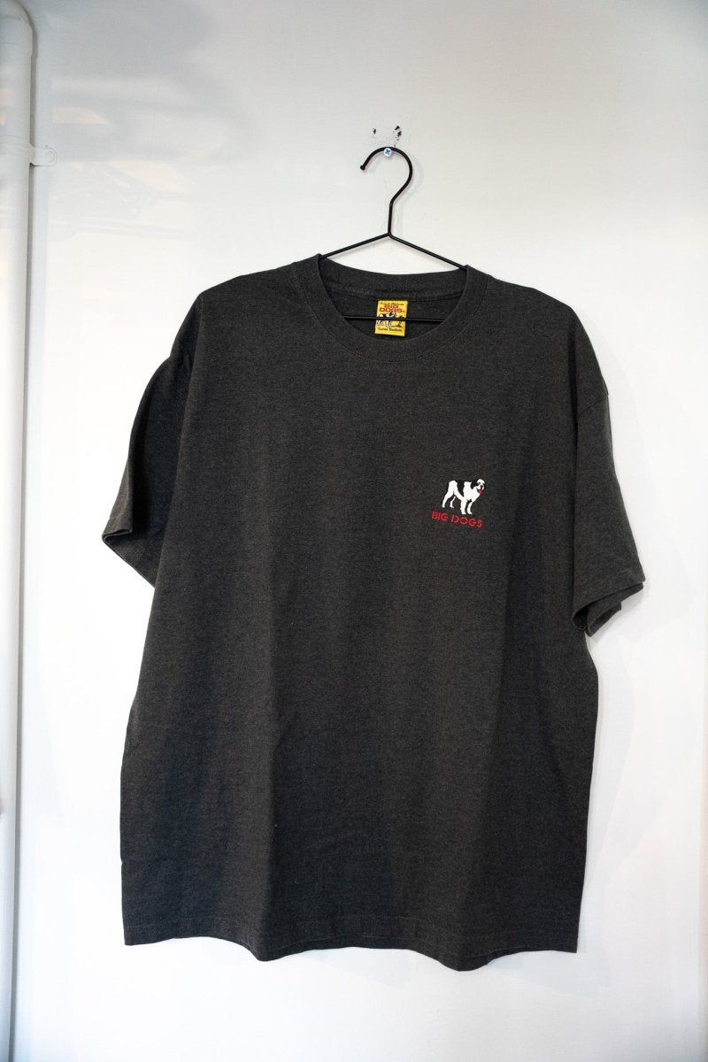 Charcoal heather 2004 Big Dogs I Got Yer Attitude Right Here shirt with embroidered white dog mascot and red Big Dogs text on left chest