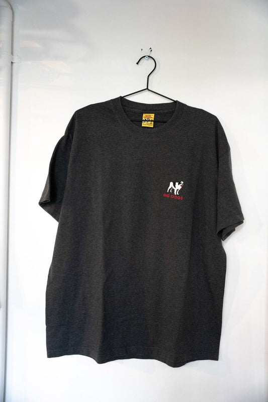 Charcoal heather 2004 Big Dogs I Got Yer Attitude Right Here shirt with embroidered white dog mascot and red Big Dogs text on left chest
