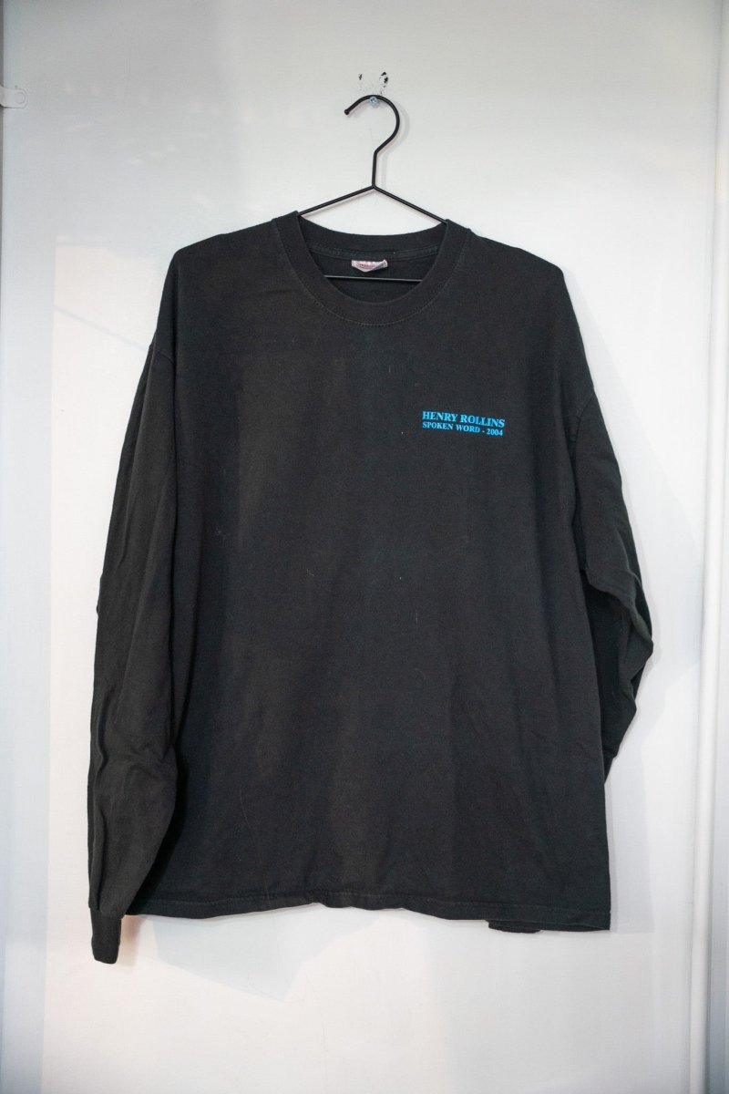 Black 2004 Henry Rollins Spoken Word long sleeve t-shirt with small teal HENRY ROLLINS SPOKEN WORD 2004 text on left chest size XL