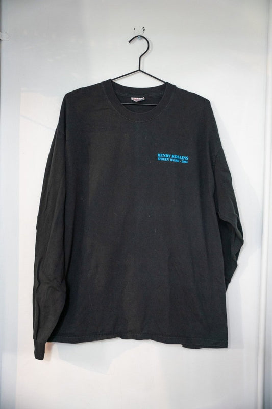 Black 2004 Henry Rollins Spoken Word long sleeve t-shirt with small teal HENRY ROLLINS SPOKEN WORD 2004 text on left chest size XL