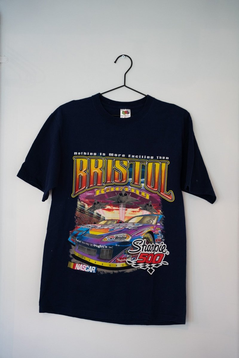 Navy 2006 Sharpie 500 Bristol Racing tee yellow red BRISTOL text stock car speedway graphic NASCAR logo Racin the way it oughta be
