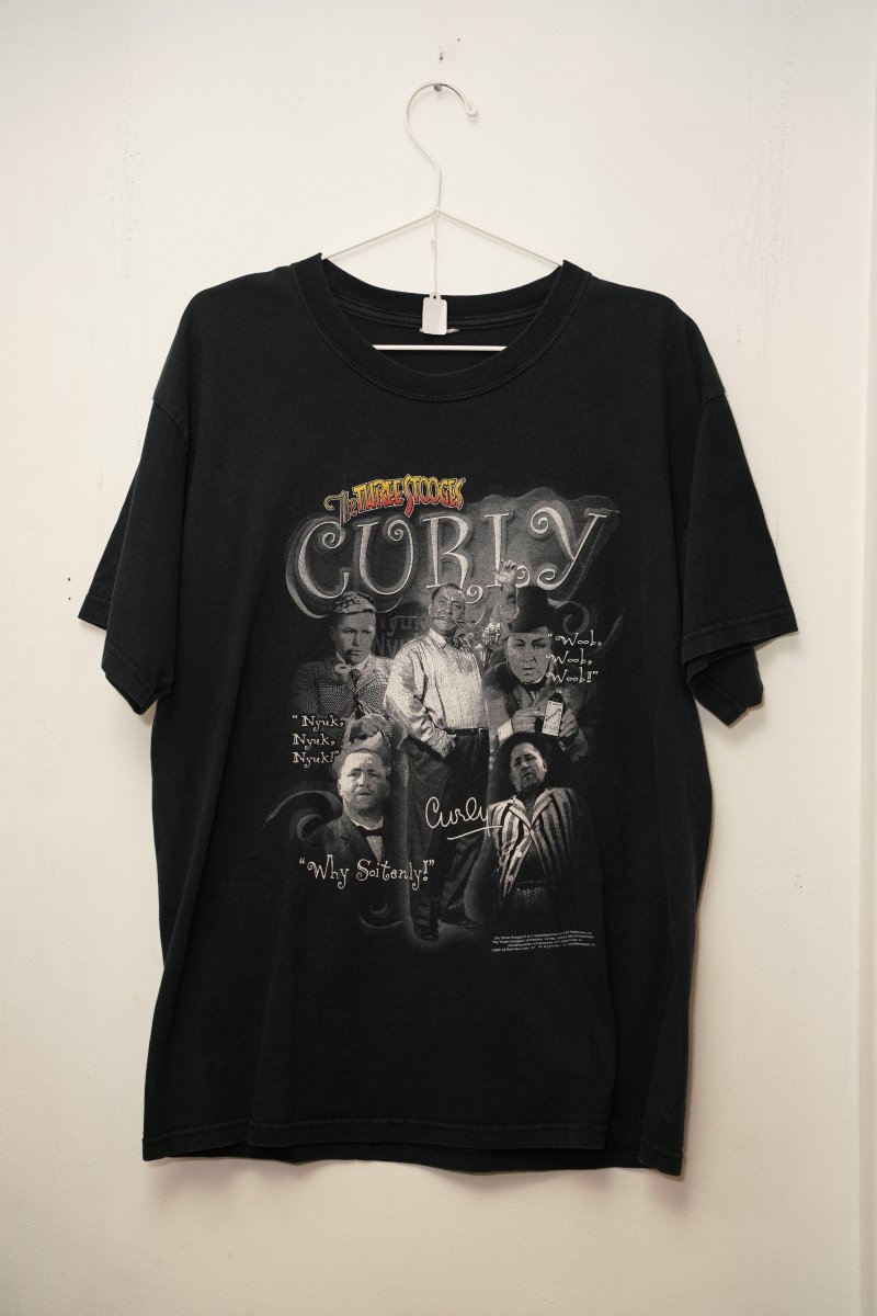 Black Three Stooges Curly tee CURLY ornate text multiple photos Curly Howard Nyuk Nyuk Nyuk Woob Woob Why Soitenly signature