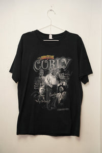Black Three Stooges Curly tee CURLY ornate text multiple photos Curly Howard Nyuk Nyuk Nyuk Woob Woob Why Soitenly signature