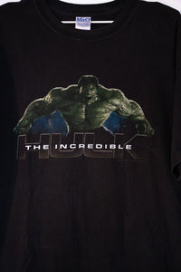 Marvel 2008 The Incredible Hulk movie promo shirt, size large, displaying front graphic with film imagery and branding on dark colored cotton tee