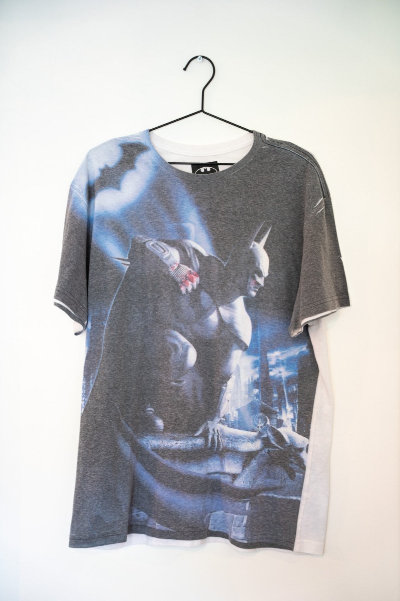 Gray 2012 Ecko Batman collaboration tee all-over print Batman perched rooftop gargoyle pose Gotham skyline blue night sky moon DC Comics