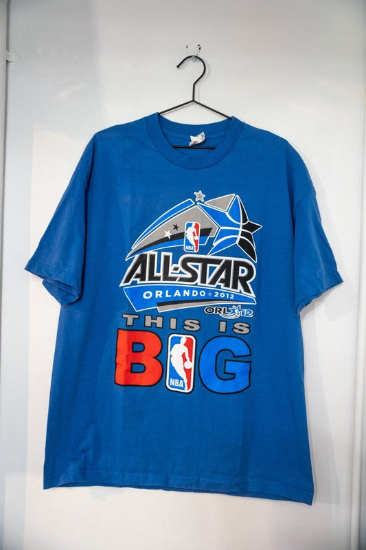 Blue 2012 NBA All-Star Game Orlando t-shirt with star logo ALL-STAR lettering ORL 12 badge and THIS IS BIG in red and blue block letters size XL