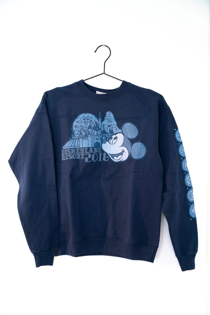 Navy blue Disneyland Resort 2016 crewneck sweatshirt park landmarks illustration Mickey Mouse winking face blue character medallions sleeve graphics size Small