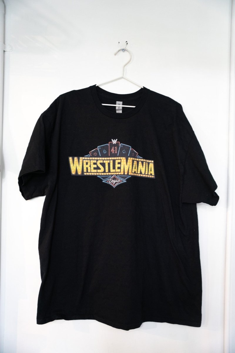 WWE WrestleMania 41 event shirt in XXL size, 2025, displayed flat showing front graphic and text design