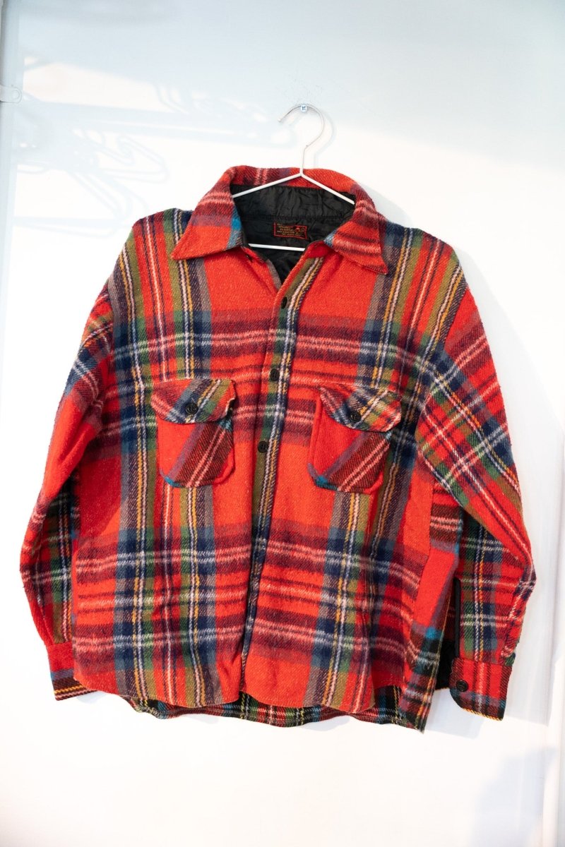 Red and black buffalo check 70s CPO wool flannel shirt-jacket with pointed collar large chest pockets dark buttons lined heavyweight size Large