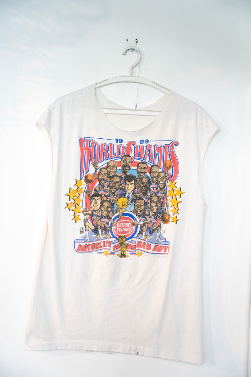 1989 Detroit Pistons Bad Boys World Champs Caricature Shirt Cut Off Sleeves Size Large