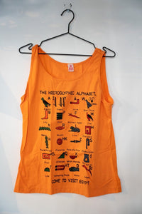 JIL brand hieroglyphic alphabet tank top shirt from the 1980s, displayed flat in medium size with printed graphic design