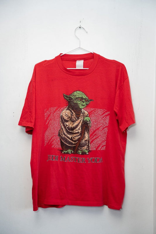 Red 80s Star Wars Jedi Master Yoda tee hand-drawn illustration Yoda brown robes walking cane green skin JEDI MASTER YODA text vintage