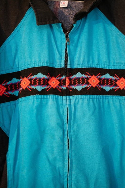 80s Western Frontier Teal Aztec Canvas Work Duck Barn Chore Coat Jacket Size XL - Keep It Classic