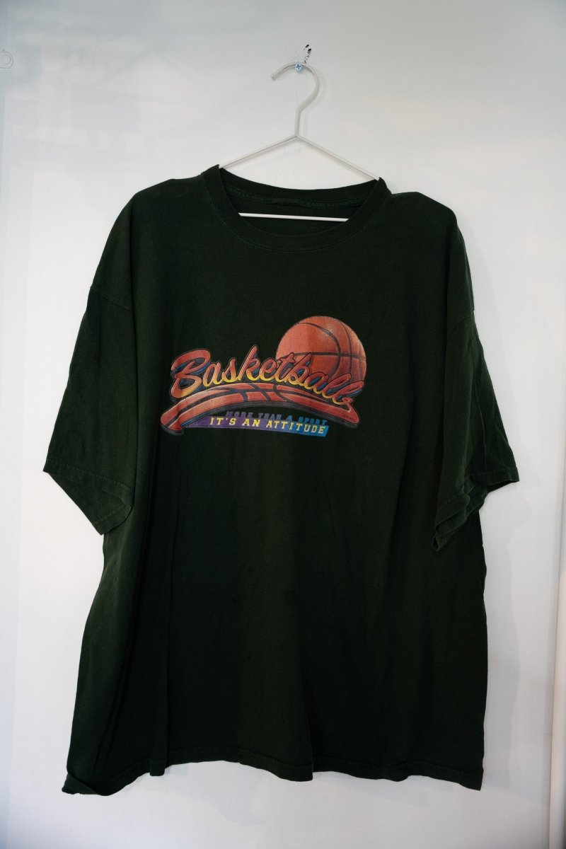 Dark green 90s Basketball It's an Attitude t-shirt with orange gold gradient Basketball script basketball graphic and blue MORE THAN A SPORT banner size XXL
