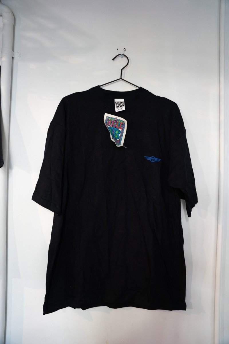 Bugle Boy brand cotton shirt in medium size from the 1990s, displayed flat with visible crew neckline and short sleeves in neutral tone