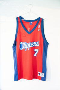 Red 90s Champion Los Angeles Clippers Lamar Odom 7 basketball jersey white script Clippers text blue trim side panels mesh size Large 44