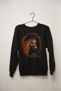 Black 90s horse portrait sweatshirt bay horse chestnut brown bridle oval frame MADE IN USA ribbon raglan crewneck