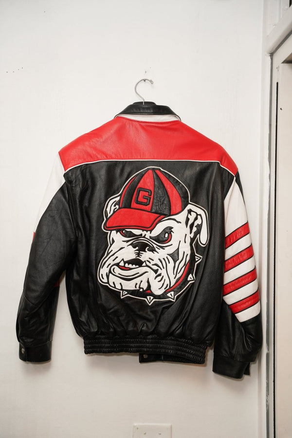Jeff Hamilton Georgia Bulldogs reversible leather jacket large with massive snarling bulldog mascot in red cap on black leather back, red shoulders, striped sleeves