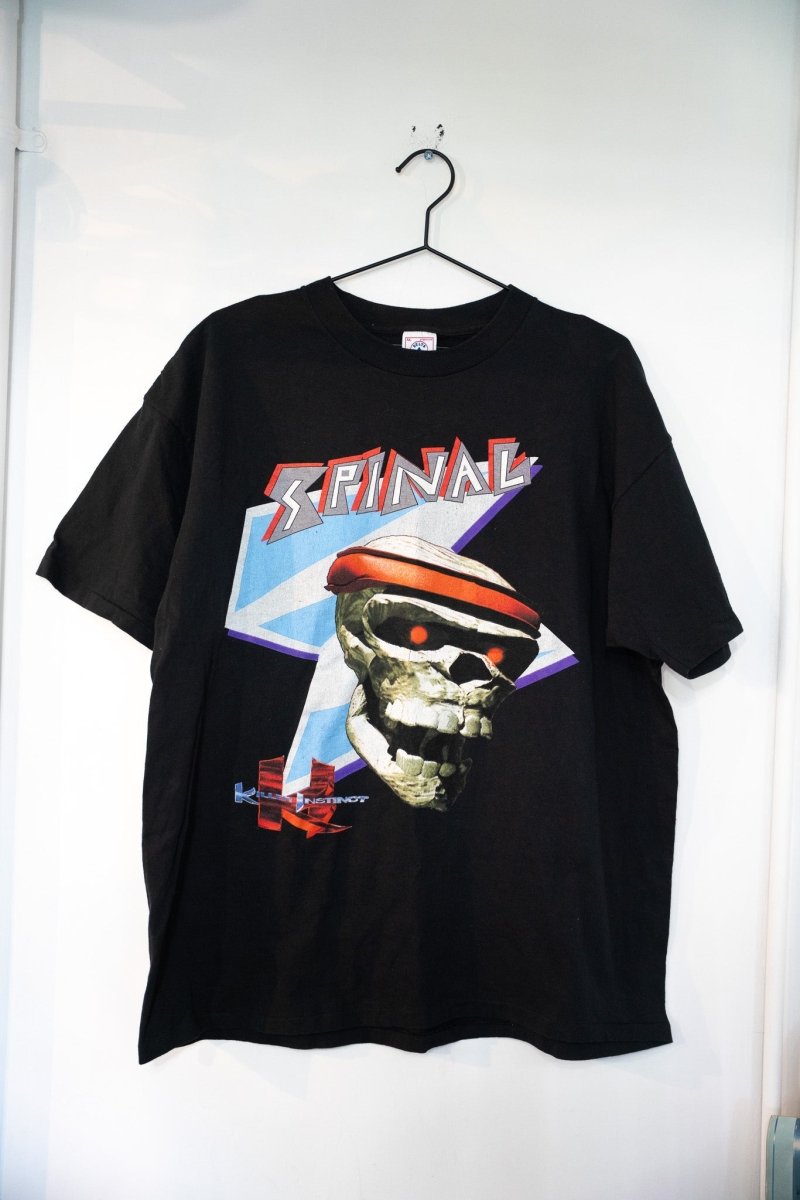 Black 90s Killer Instinct Spinal video game promo t-shirt with 3D skull graphic red headband and metallic SPINAL lettering size XL