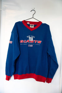 Royal blue 90s Lee Sport New York Giants crewneck sweater with red V-neck insert and embroidered NY Giants lettering and NFL logo