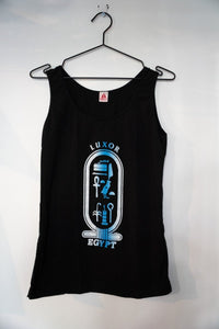 90s Luxor Egypt Tank Top Shirt in medium size, featuring printed graphics of Egyptian pyramids and hieroglyphic designs on cotton fabric