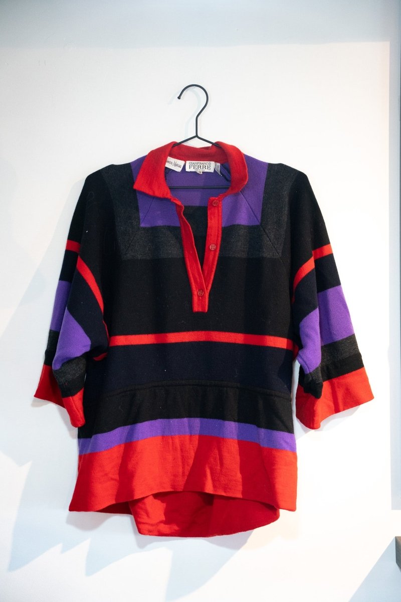 90s Gianfranco Ferré for Neiman Marcus polo collar knit sweater bold black red purple horizontal stripes three-quarter sleeves size Medium