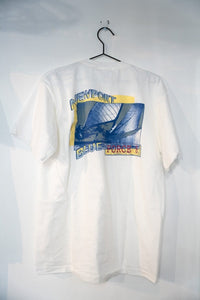 Newport Blue Force 8 men's shirt from the 1990s, size medium, featuring blue fabric with printed graphic design on front