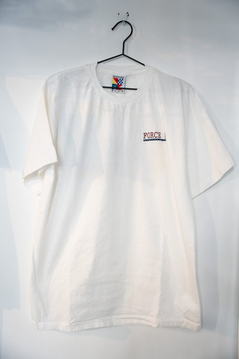 New Port Blue Force 8 crew neck t-shirt in medium, 1990s, displayed flat showing front graphic and solid blue fabric