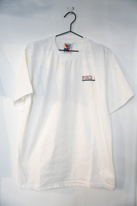 New Port Blue Force 8 crew neck t-shirt in medium, 1990s, displayed flat showing front graphic and solid blue fabric