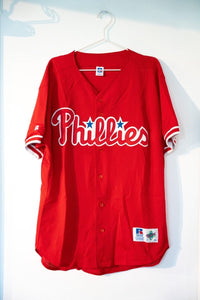 Red 90s Russell Athletic Diamond Collection Philadelphia Phillies button-front baseball jersey white Phillies script blue stars mesh fabric size 48
