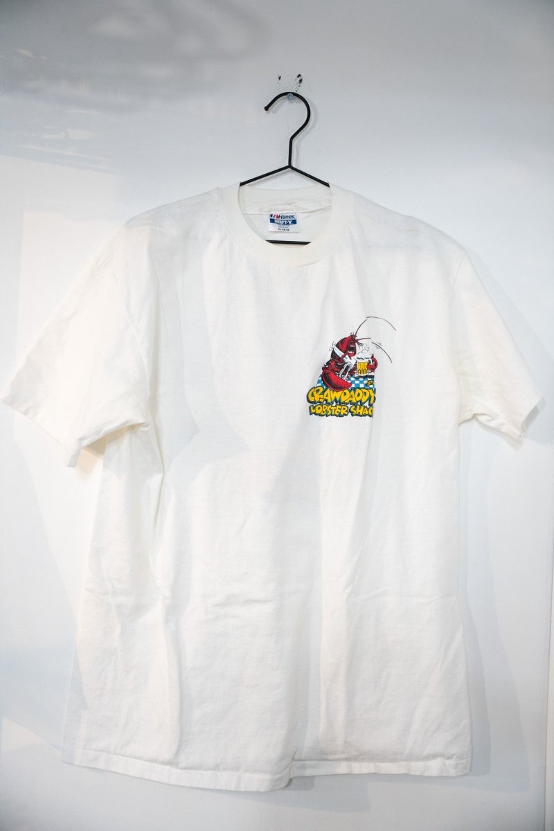 White 90s San Francisco Crawdaddy's Lobster Shack shirt with colorful cartoon lobster graphic on chest
