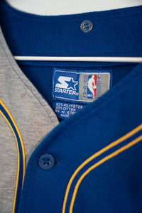 Starter Golden State Warriors baseball jersey in blue and gold from the 1990s, displayed flat on white background, size large