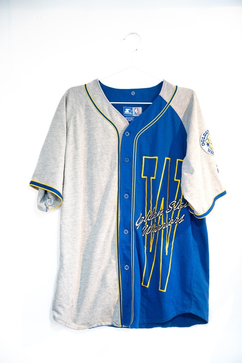 Blue heather gray 90s Starter Golden State Warriors split-panel button-front baseball jersey gold W script Warriors logo patch size Large