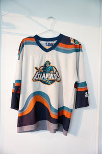 White 90s Starter New York Islanders Fisherman hockey jersey with wave stripes navy teal orange fisherman logo mesh size L/XL