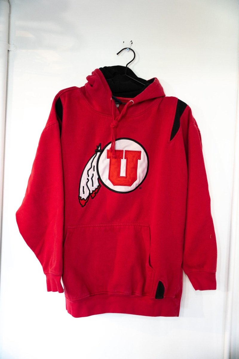 Red 90s TSI Utah Utes pullover hoodie with sewn block U and feather logo applique and black shoulder panels and hood lining