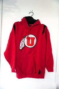 Red 90s TSI Utah Utes pullover hoodie with sewn block U and feather logo applique and black shoulder panels and hood lining