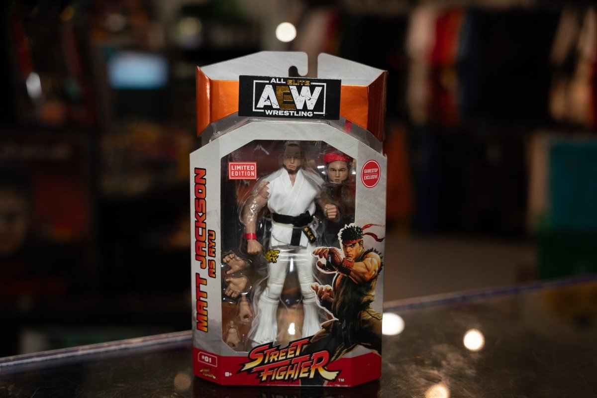 AEW Matt Jackson As Ryu Street Fighter action figure with blue gi, black hair, and fighting stance pose