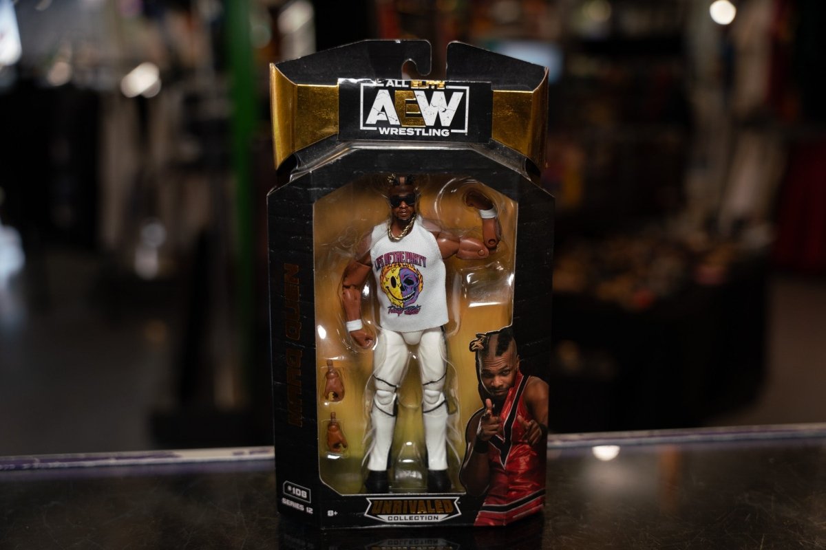 AEW Unrivaled Collection Marq Quen action figure with articulated joints, wearing black and gold wrestling attire