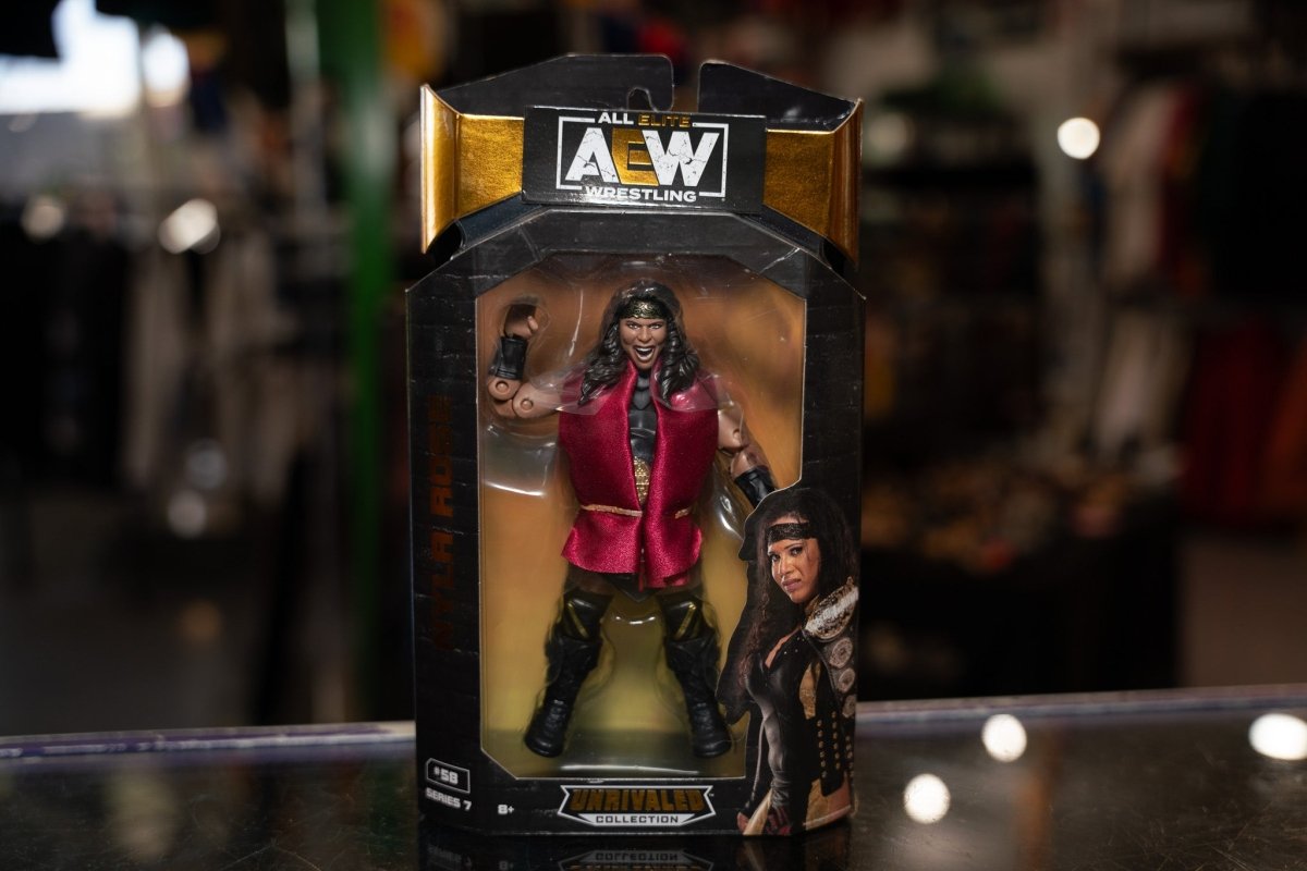AEW Unrivaled Collection Nyla Rose action figure with detailed articulation and wrestling attire in original packaging