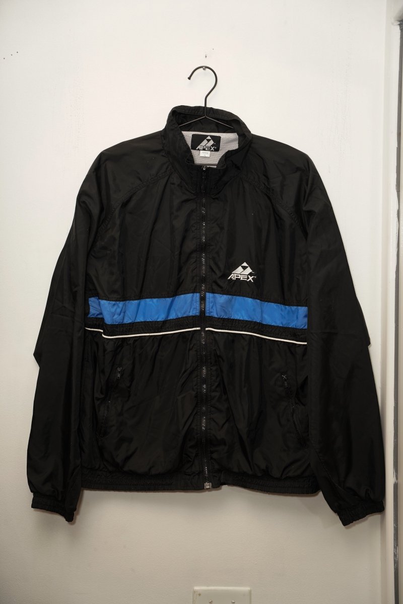 Black Apex windbreaker jacket blue stripe white piping Apex mountain logo full zip nylon mesh lining XL