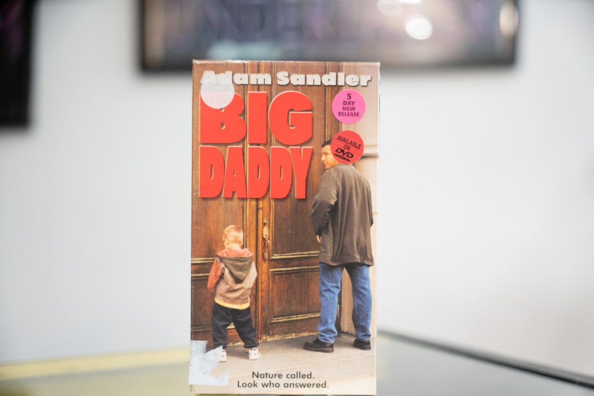 Big Daddy VHS with Adam Sandler and small boy at wooden door from behind red BIG DADDY 3D lettering and Nature called Look who answered tagline