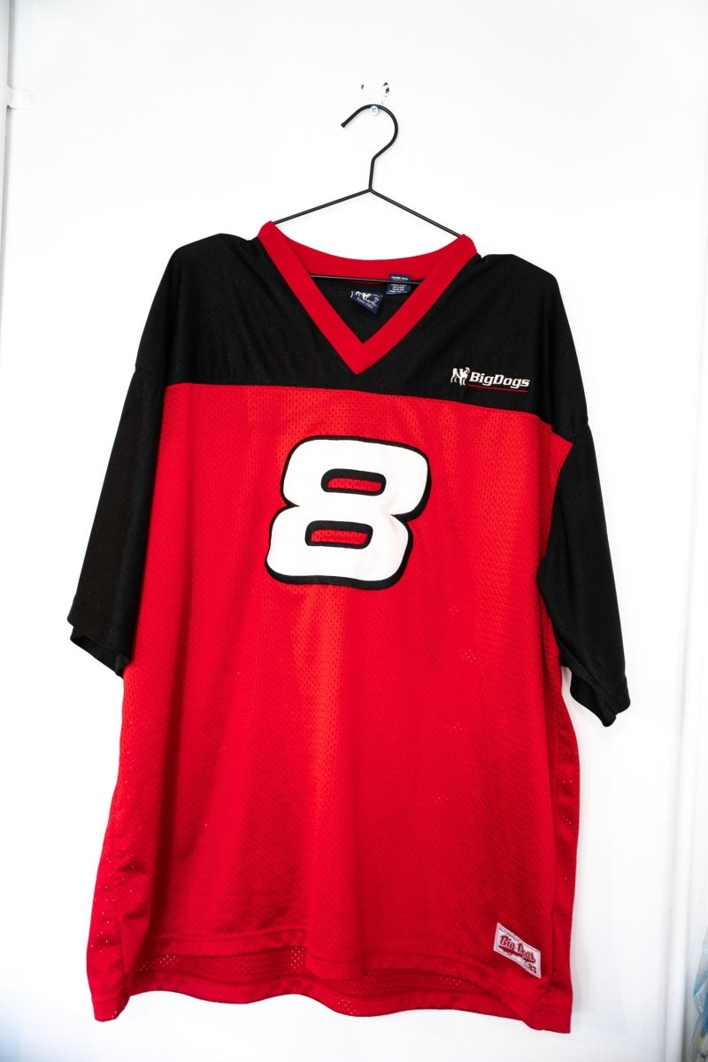 Red and black Big Dogs mesh football jersey number 8 with St Bernard mascot logo and black shoulder yoke size XXL